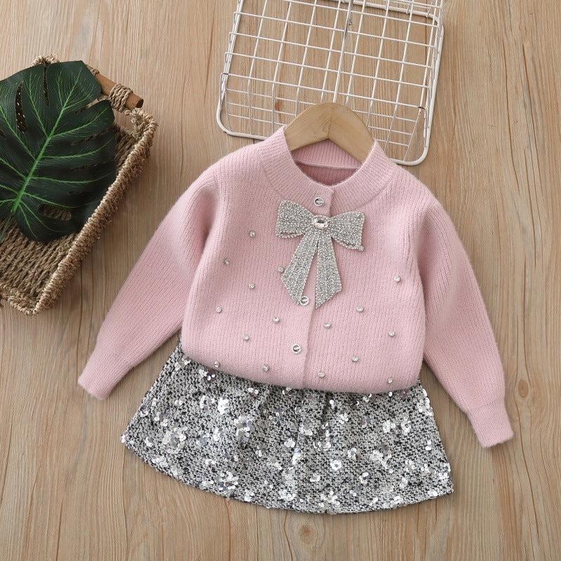 Girls' Rhinestone Bow Knitted Cardigan and Skirt Two-Piece Set