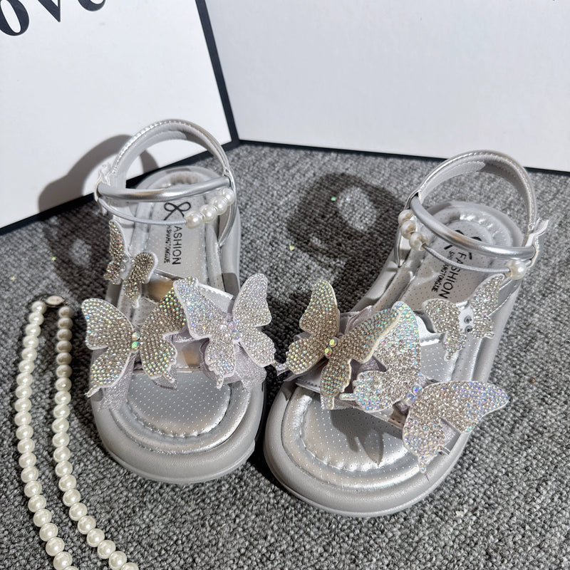 Girls Butterfly Sequins Sandals Summer Pearl Bow Princess Shoes