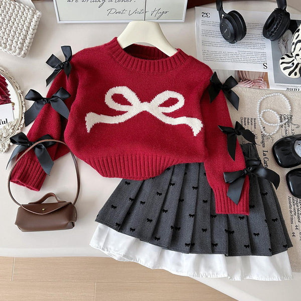 Girls Bowknot Long-sleeved Knitted Sweater Skirt Two-Piece Set
