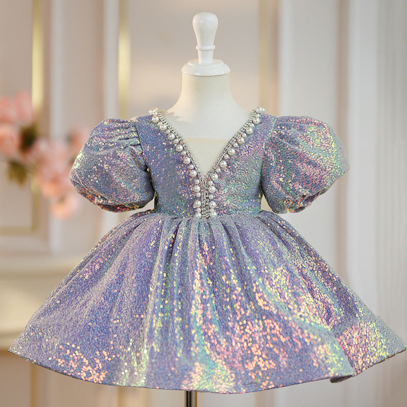 purple cocktail dresses with sleeves Elegant Baby Girls Purple Puff Sleeve Pearl Collar Puff Princess Dres – marryshe