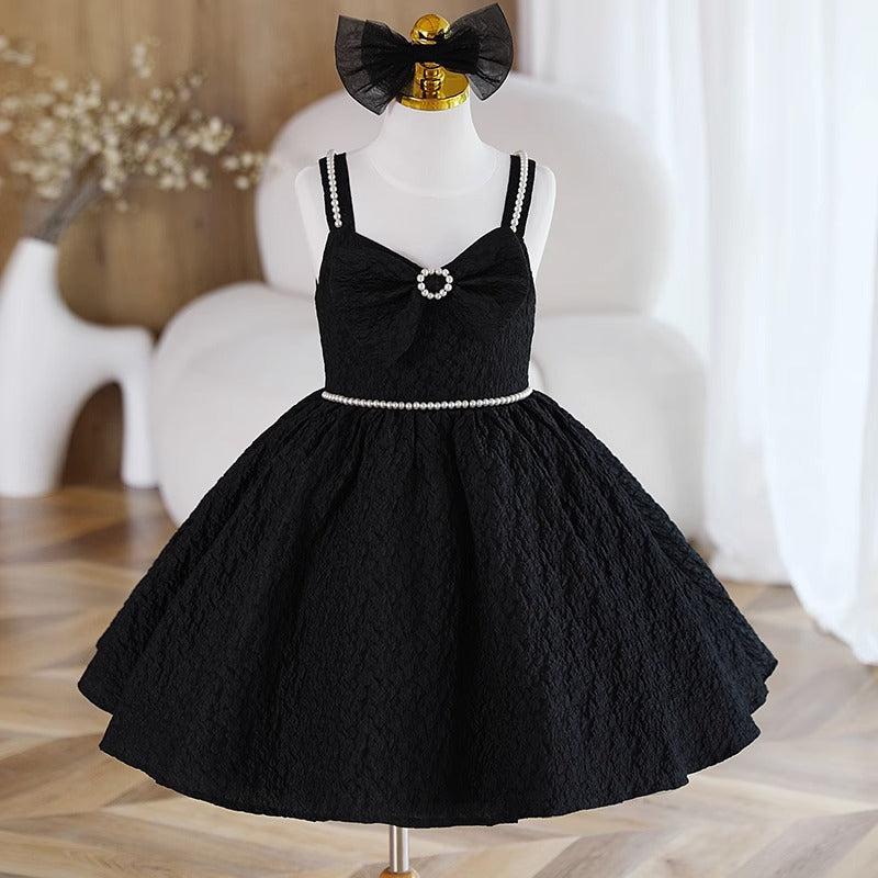 Baby Girl Dress Toddler Birthday Party Pageant Black Pearl Fluffy Sleeveless Dress