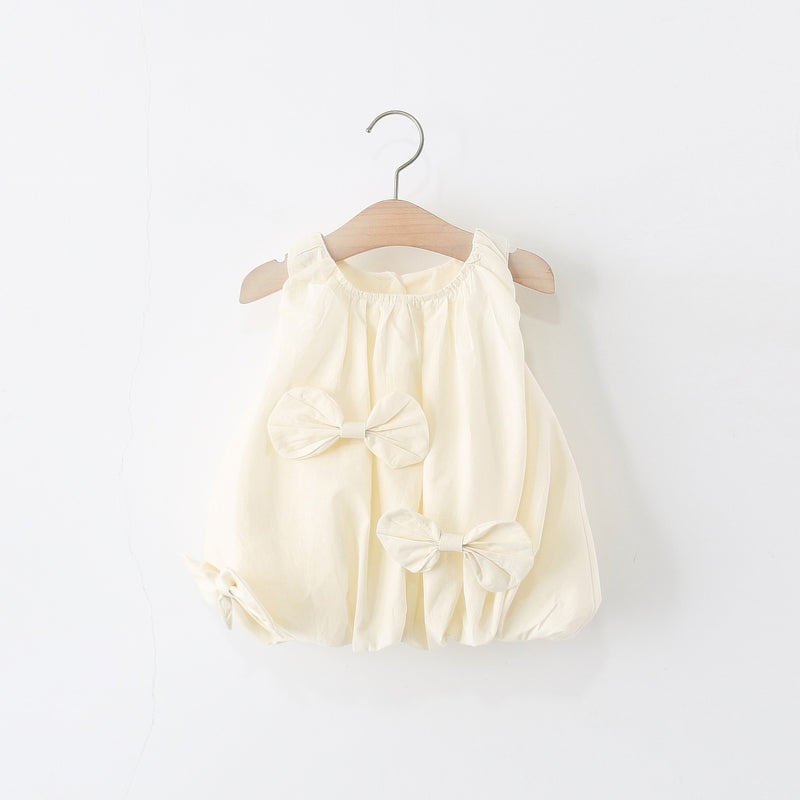 Girls Summer Sleeveless Solid Color Bowknot Flower Bud Princess Dress