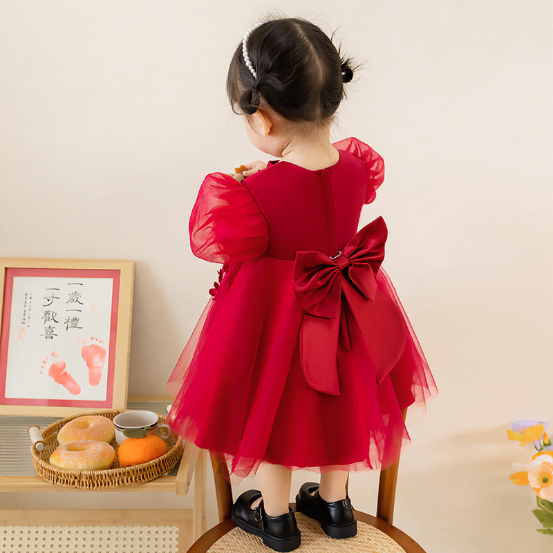 Cute Baby Girl Wine Red Dress Toddler Pageant Birthday Princess Dress