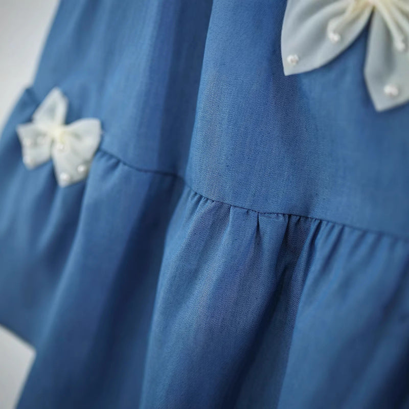 Girls Summer Flying Sleeve Dress Girls Denim Bow Dress