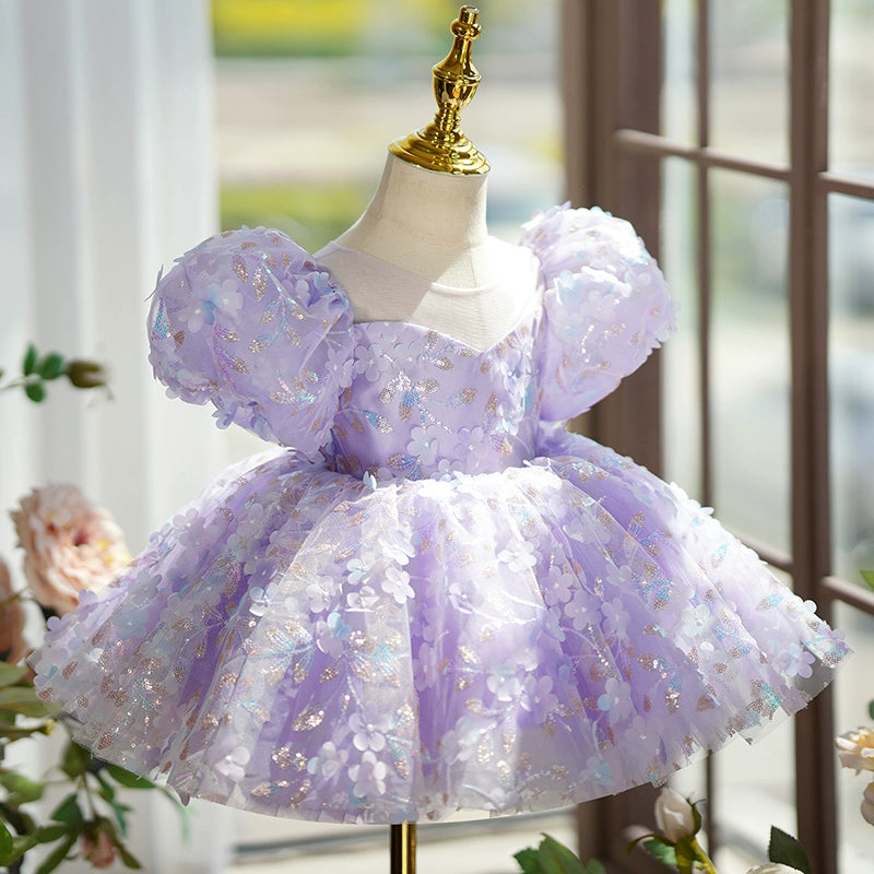 Elegant Baby Purple Sequin DressToddler Birthday Costume Mesh Princess Dress