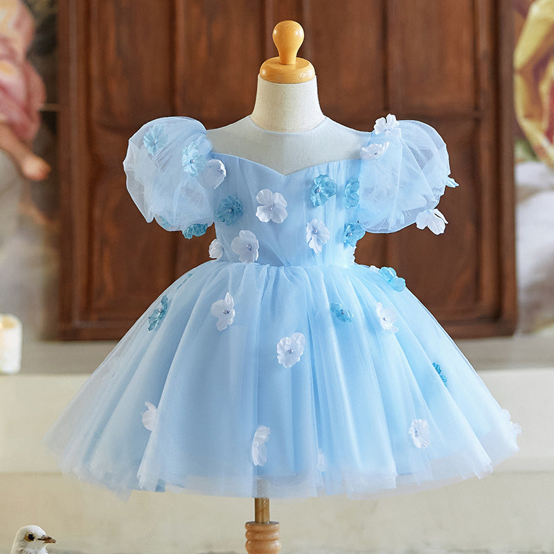 Blue Flower Girl Wedding Dress Girl Birthday Princess Dress