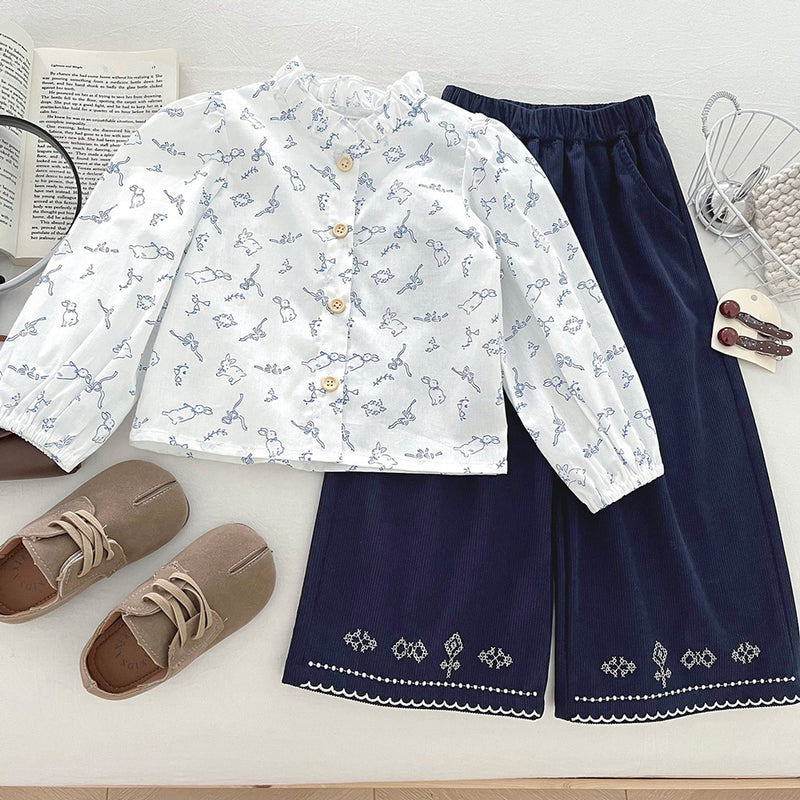 Girls' Embroidered Vest Shirt and Wide-leg Pants Three-piece Set