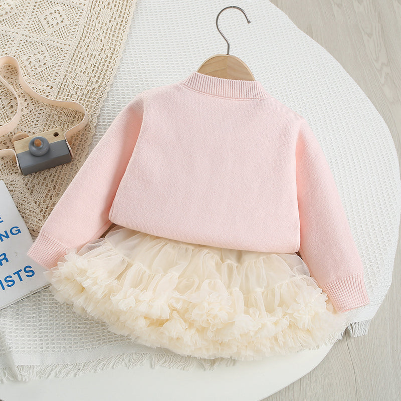 Girls Bowknot Solid Color Knitted Cardigan Mesh Tulle Puffy Skirt Two-Piece Set