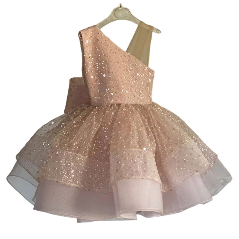 Children's Sequin Bowknot Dress Girls Sleeveless Puffy Princess Dress