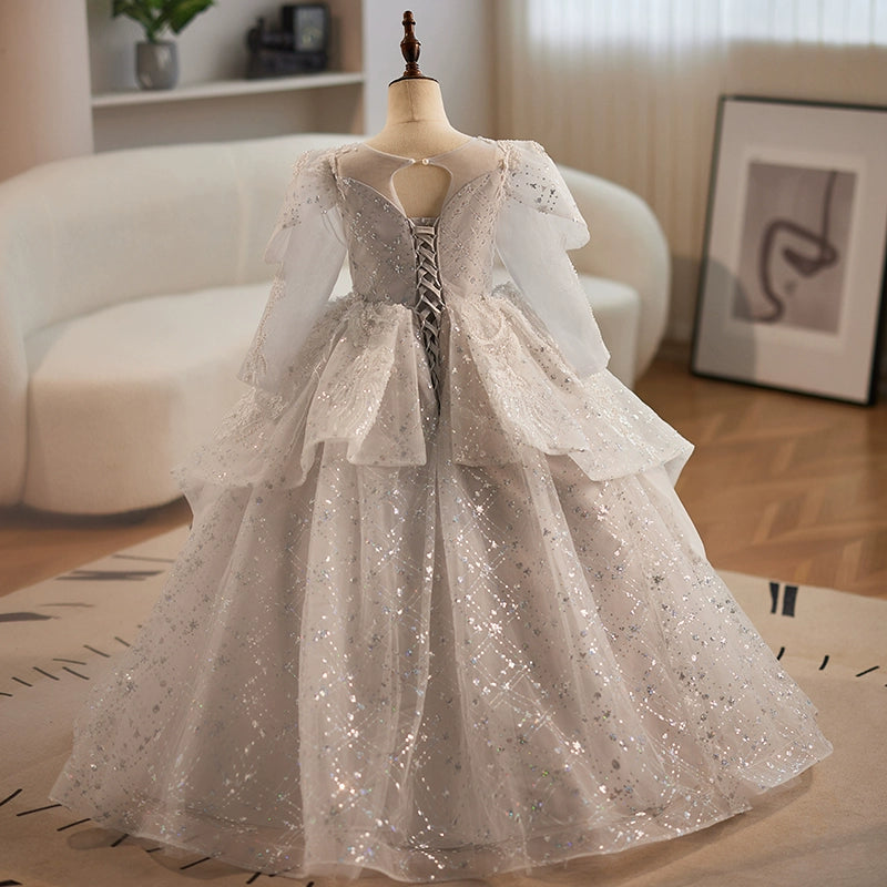 Elegant Baby Girls Jacquard Sequin Silver Long Sleeve Birthday Dress Toddler Pageant Dress