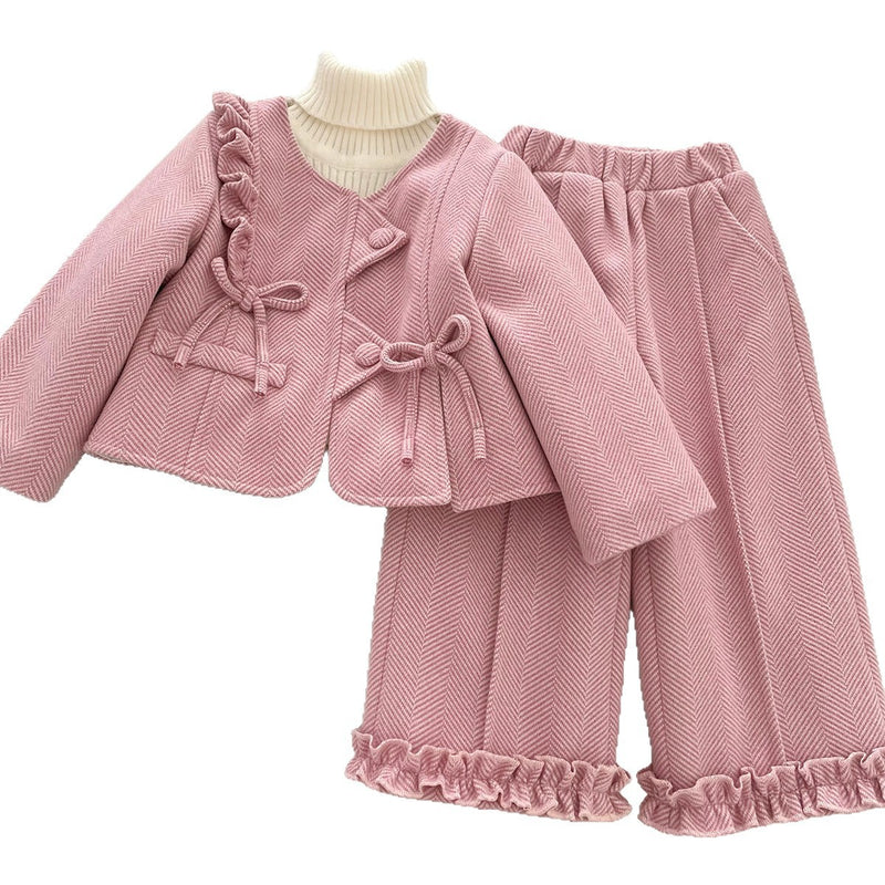Girls' Winter Ruffled Trim Jacket Straight-Leg Pants Two-Piece Set
