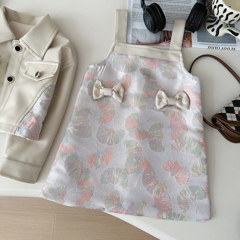 Girls' PU Leather Jacket and Printed Suspender Skirt Two-piece Set