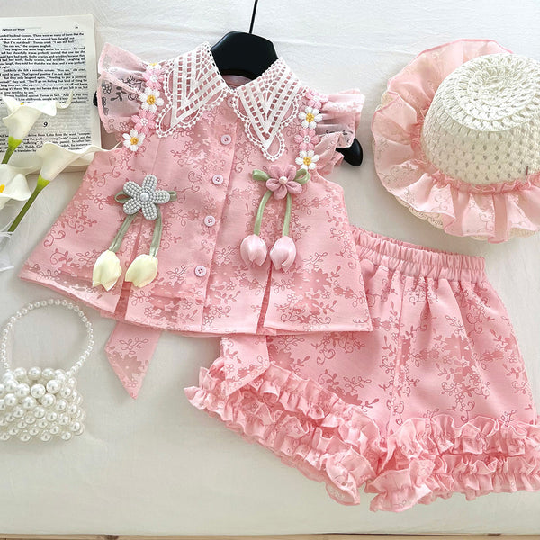 Summer Girls Flying Sleeve Tulip Top Shorts Two-piece Set