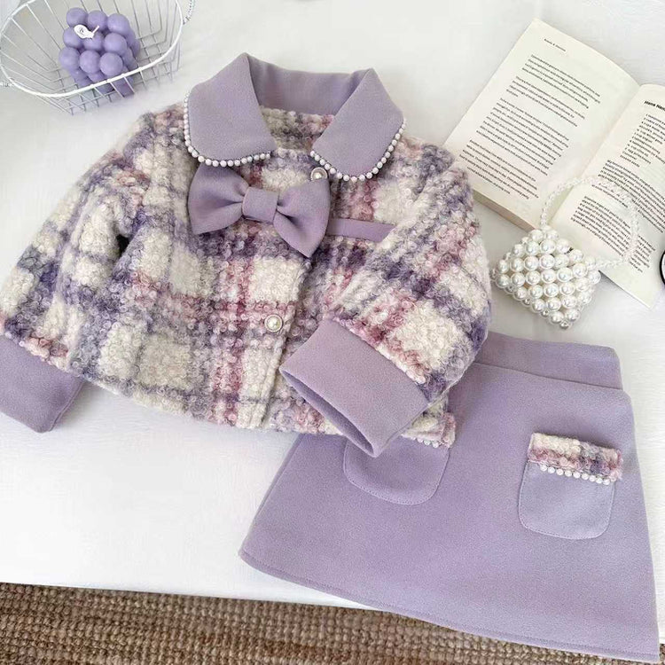 Girls' Winter Bow-Knot Plaid Jacket and Skirt Two-Piece Set