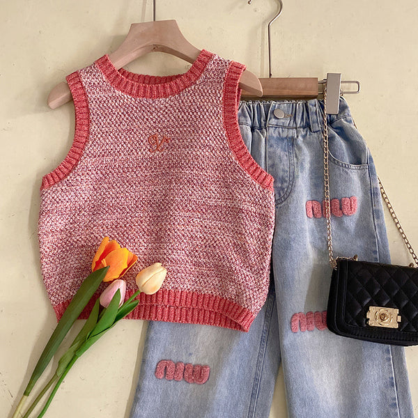 Contrast Color Knitted Vest Jeans Toddler Two Piece Set