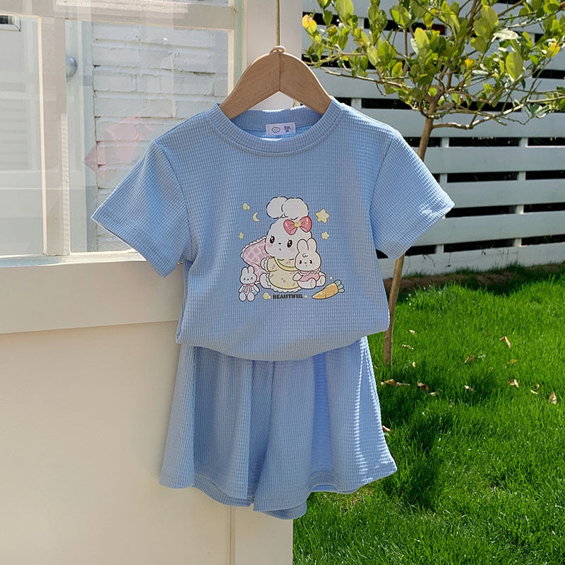 Girls' Waffle Cartoon Round Neck Pullover Sports Two-piece Suit