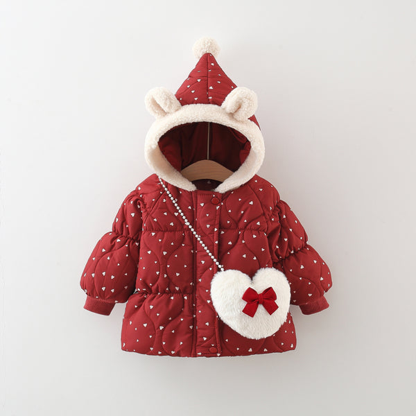 Winter Girls' Heart-shaped Hooded Cotton Coat