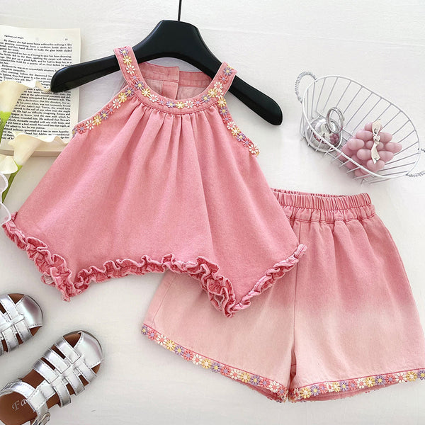 Girls Summer Bowknot Suspender Top Shorts Denim Two-Piece Set