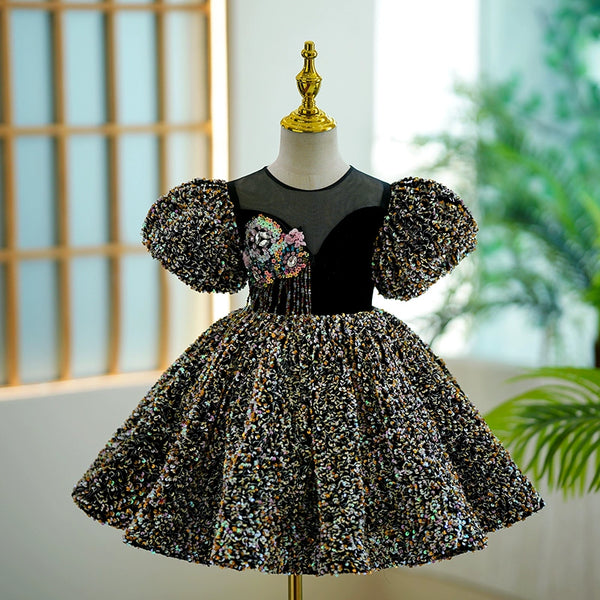 Elegant Baby Girls Black Sequins Pageant Birthday Party Princess Dress