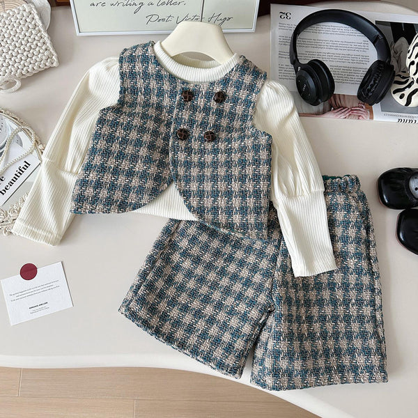 Girls' Autumn New Plaid Bottoming Shirt Vest Shorts Three-piece Set