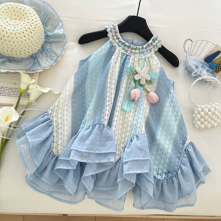 Girls Summer Flower Sleeveless Birthday Princess Dress