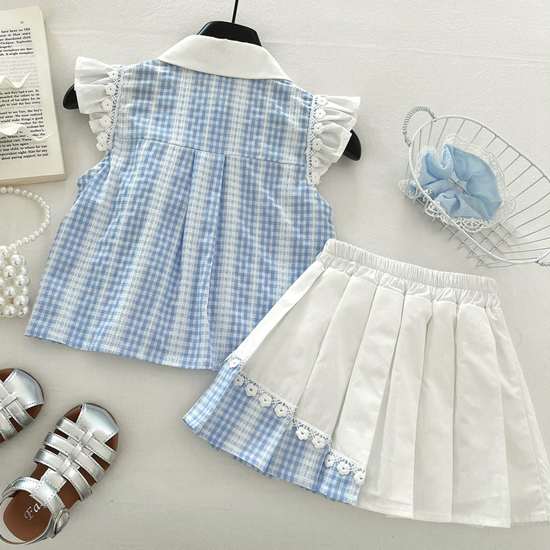 Girls Summer Plaid Flying Sleeve Shirt Pleated Skirt Two-piece Set