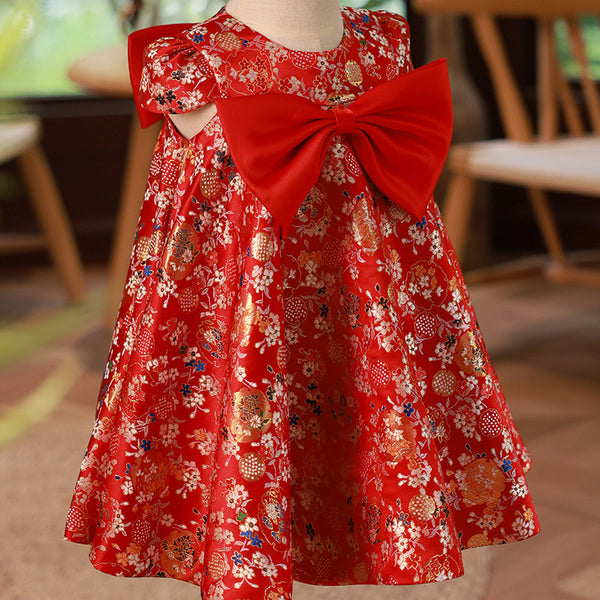 Elegant Baby Girl Red Sleeveless Floral Birthday Dress Toddler New Year Dress