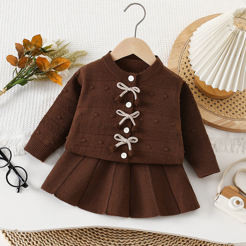 Girls' Bow Knitted Sweater Pleated Skirt Two-Piece Set