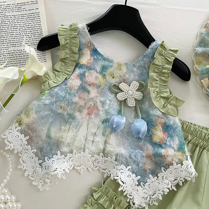 Girls Flower Sleeveless Lace Top Shorts Two-Piece Set