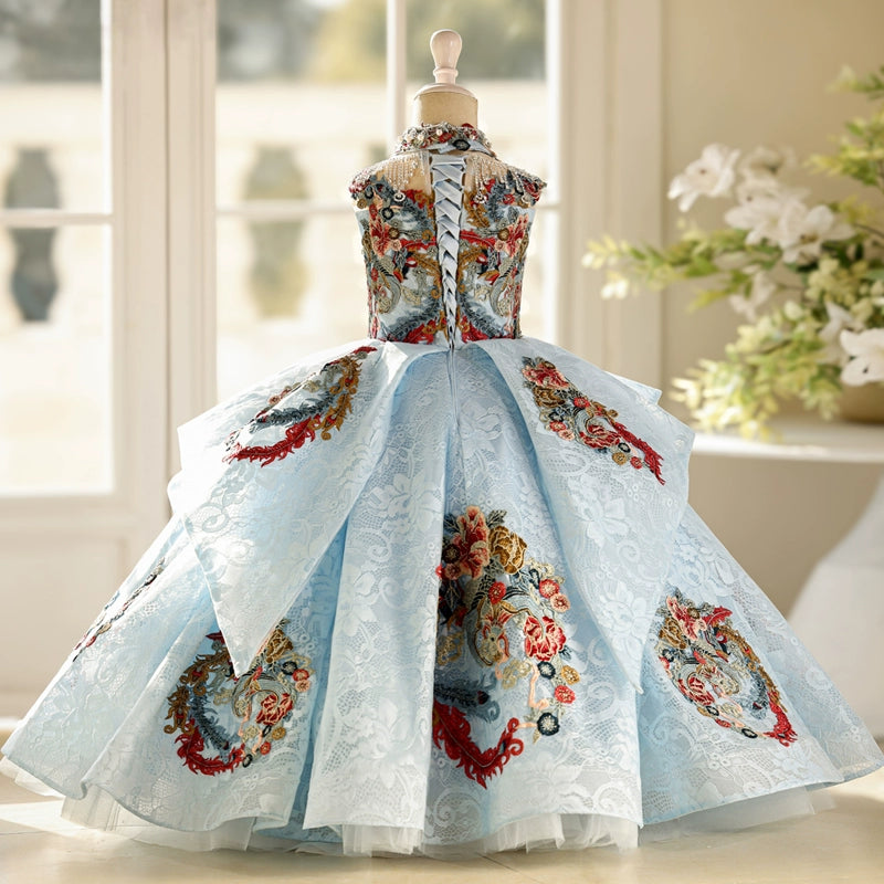 Girls Blue Beauty Pageant Dress Children's Birthday Princess Dress