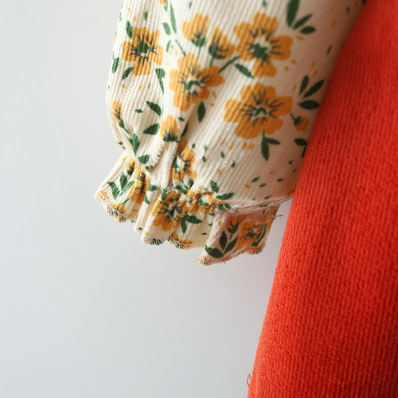 Girls Autumn Printed Suspenders Fake Two Piece Dress