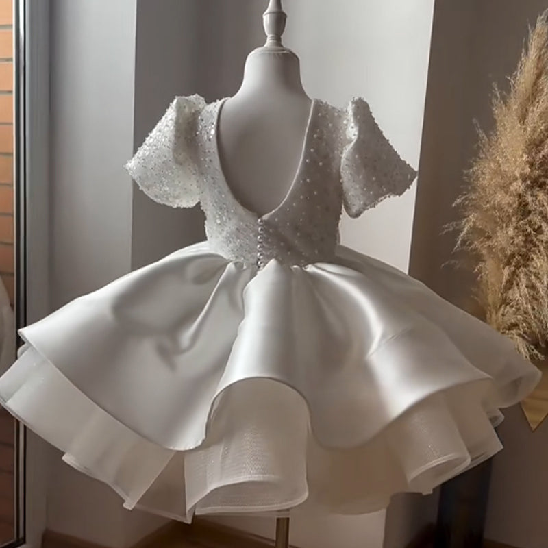 Girls White Communion Princess Dress Children's Birthday Puffy Dress