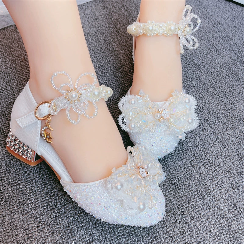 Girls Crystal White High Heel Princess Shoes