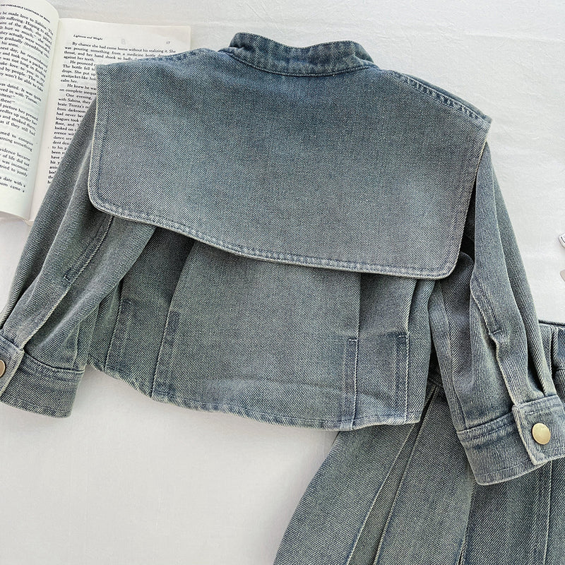 Girls' Autumn Denim Jacket Pleated Skirt Two-Piece Set