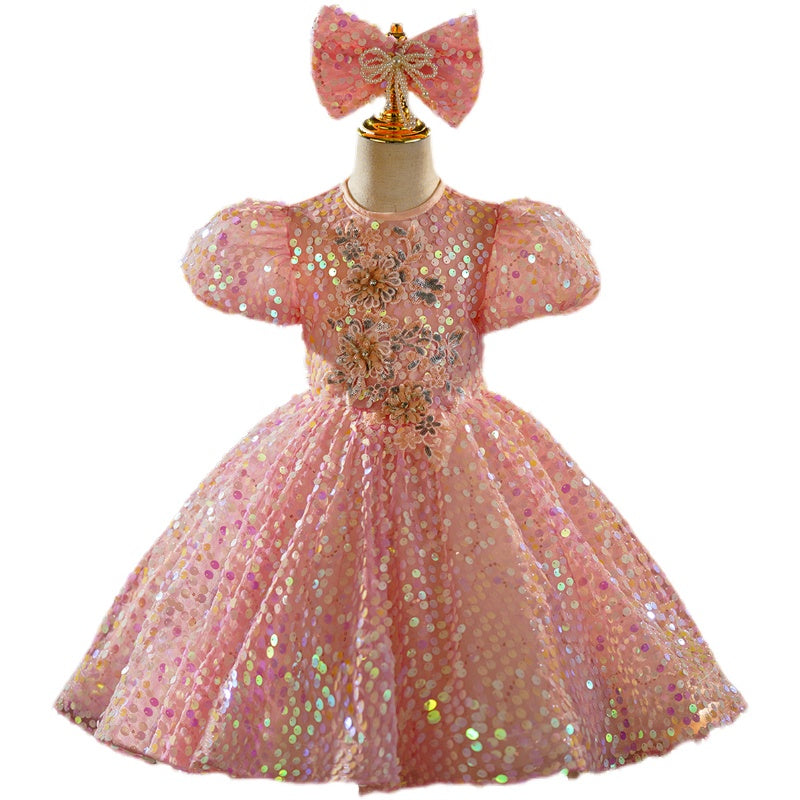 Baby Girl  Pink Sequins First Communion Dress Toddler Birthday Princess Dress