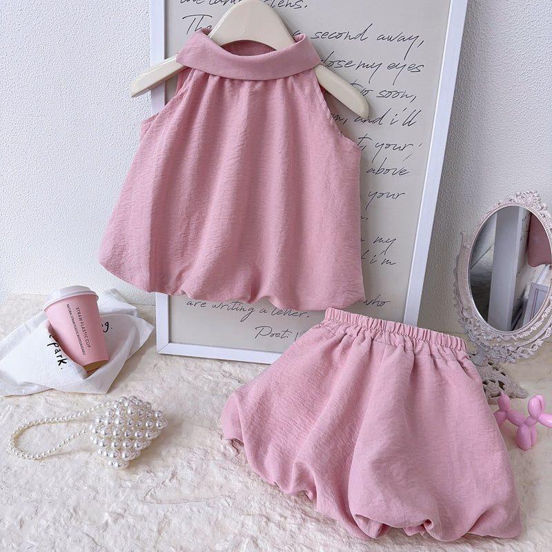 Girls Summer New Style Vest Flower Bud Shorts Two-piece Set