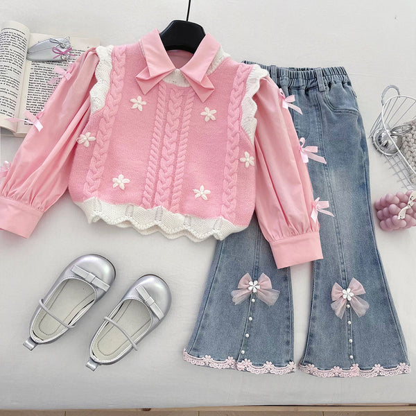 Girls' Shirt Knitted Vest and Flared Jeans Three-Piece Set