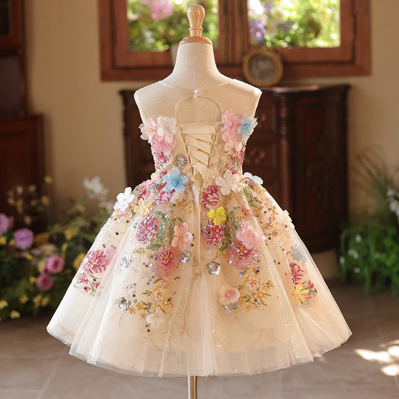 Girls Flower Princess Dress Children's Birthday Puffy Dress, Beige(short) / 2-3 Years (100cm)