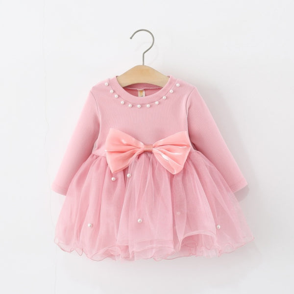Girls Autumn Beaded Bow Mesh Princess Dress