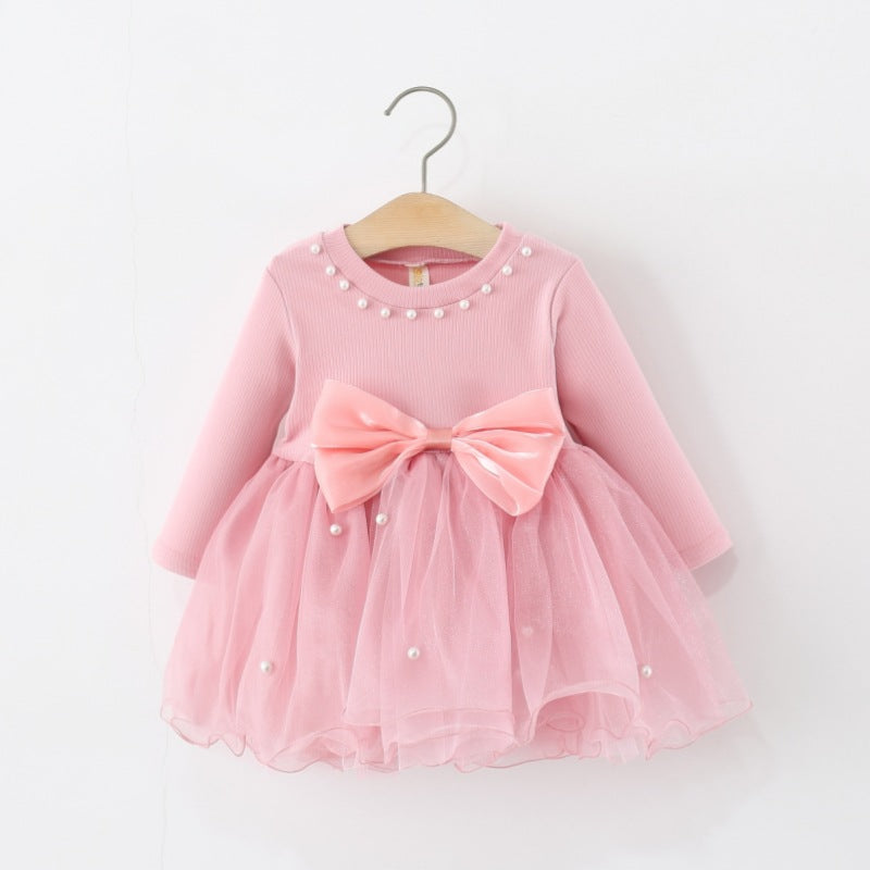 Girls Autumn Beaded Bow Mesh Princess Dress