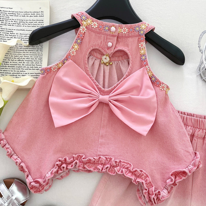 Girls Summer Bowknot Suspender Top Shorts Denim Two-Piece Set
