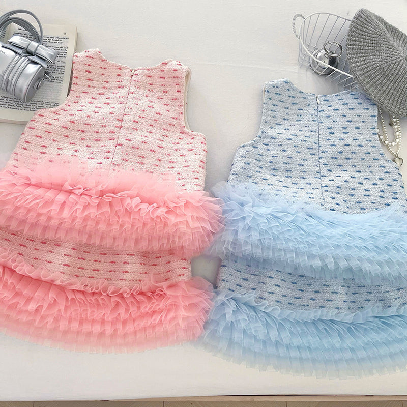 Girls' 3D Floral Mesh Lace Vest Skirt Two-piece Set