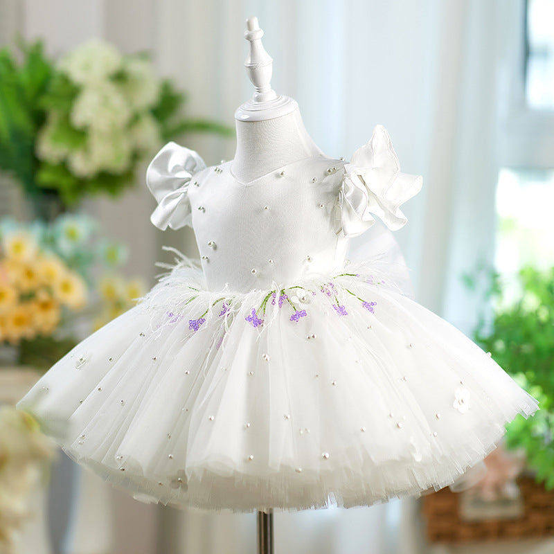Girls White Communion Princess Dress Flower Girl Bow Dress
