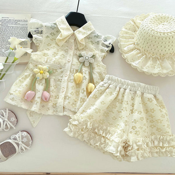 Baby Girls New Fly Sleeve Lace Top Shorts Two-Piece Set