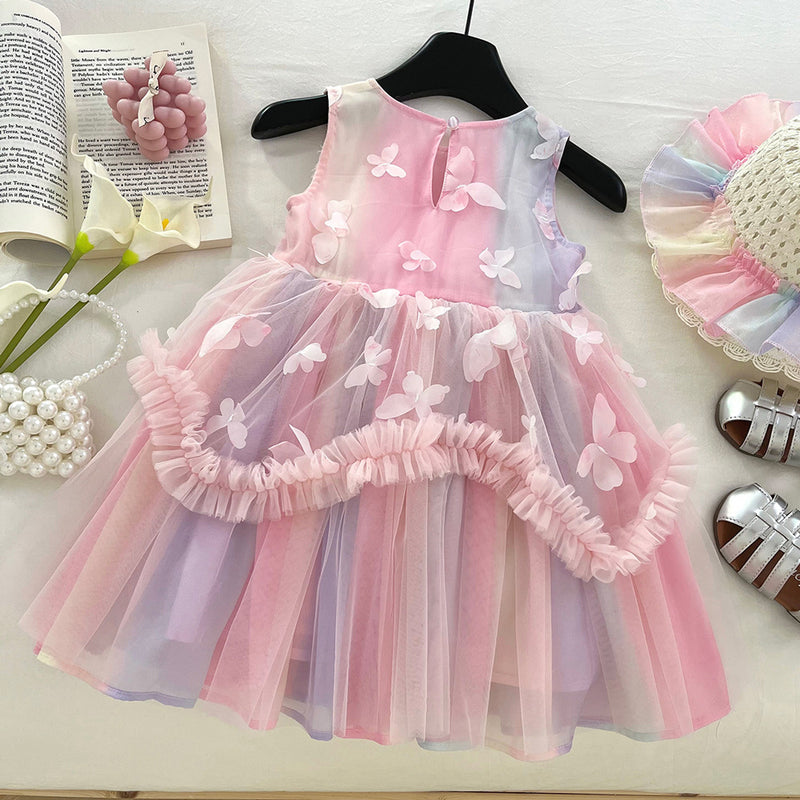Girls Summer Rainbow Mesh Sleeveless Puffy Dress