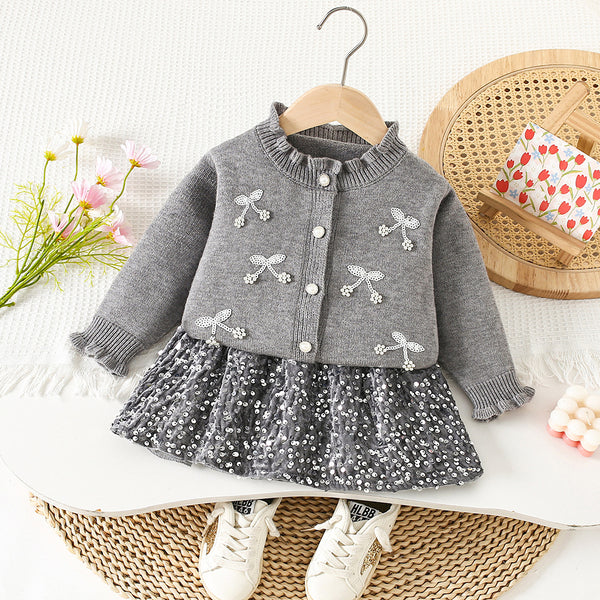 Girls' Diamond Knitted Cardigan Skirt Two-Piece Set