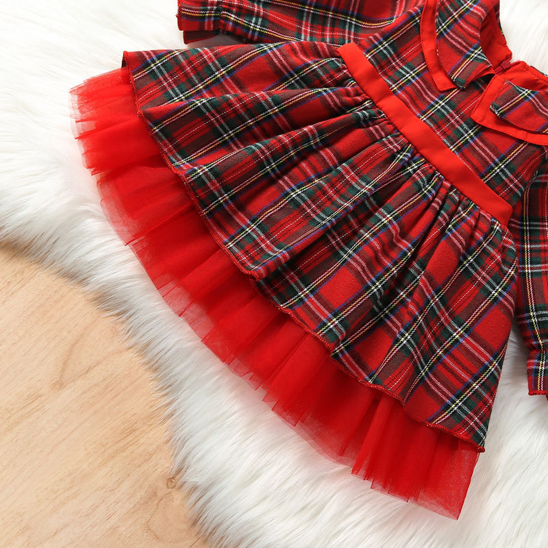 Red Children's Birthday Dress Girls New Year Christmas Plaid Princess Dress