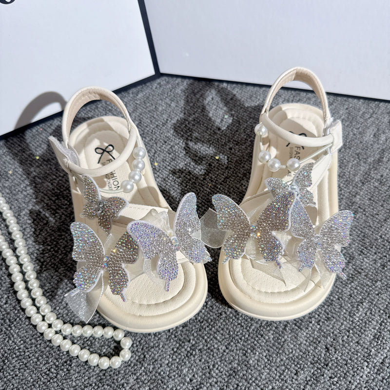 Girls Butterfly Sequins Sandals Summer Pearl Bow Princess Shoes