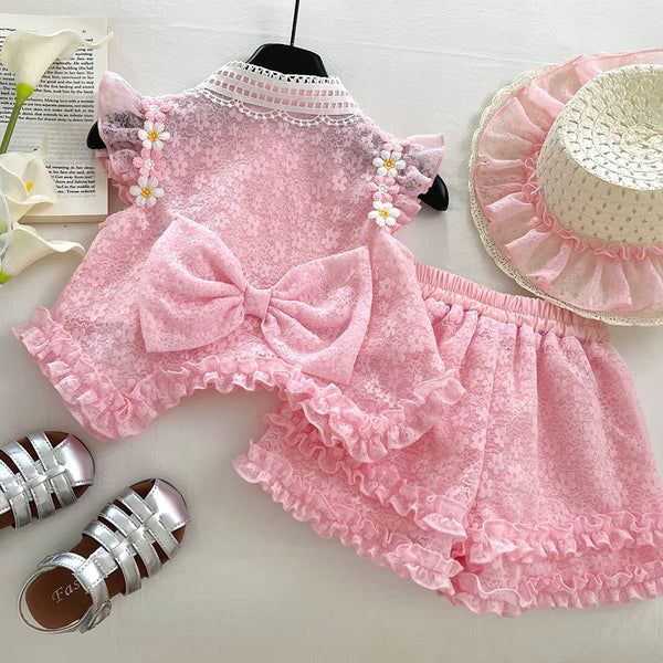 Summer Girls Flower Flying Sleeve Shirt Lace Shorts Two-piece Set