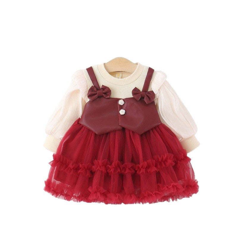 Girls Autumn PU Leather Fake Two-Piece Puffy Princess Dress